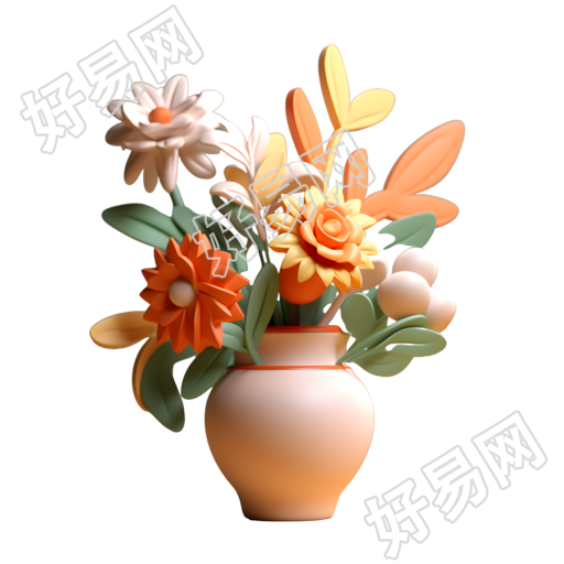 卡通风格透明背景3D鲜花插花素材