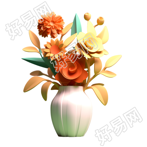 卡通纸雕风格的花瓶和花束素材