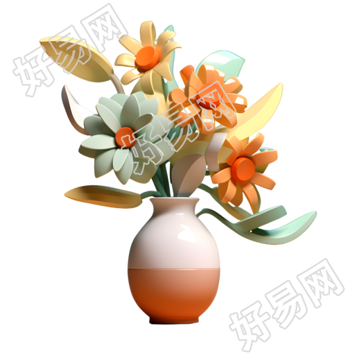 花朵与叶子装满花瓶的3D渲染素材