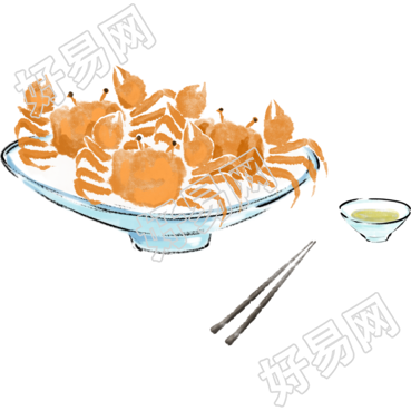 手绘餐盘里的螃蟹PNG插画