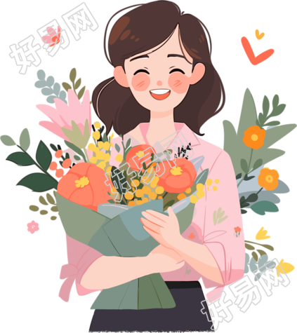 教师节怀抱鲜花的老师手绘插画PNG