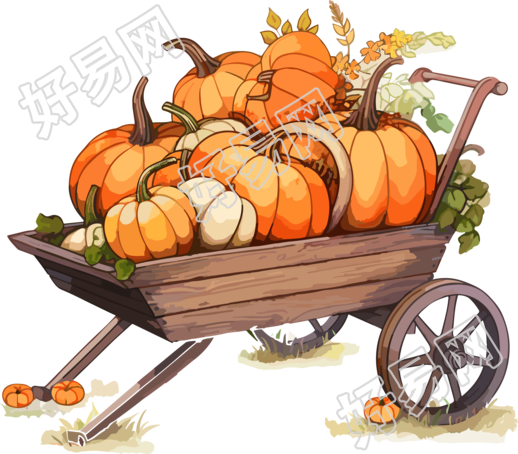 手绘装满橙色南瓜的独轮车插画设计