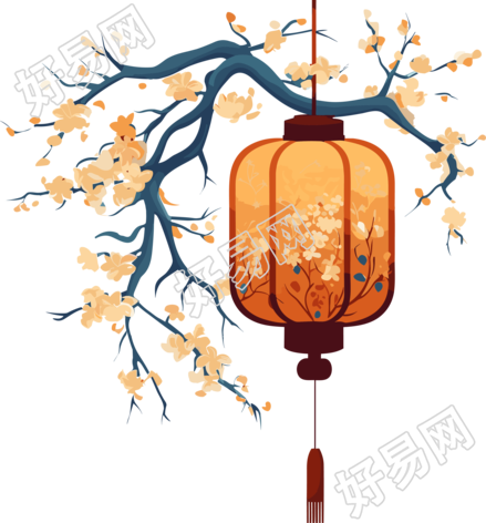 树枝上挂着的中国灯笼插画