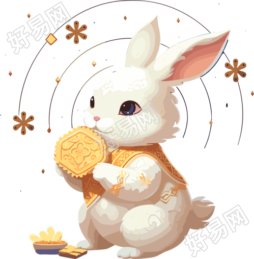 星星艺术组风格的白兔握着一盘饼干的插画