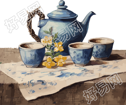 三个蓝色茶杯和茶壶在棕色布料上插画素材