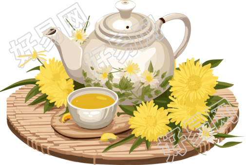 清新自然的菊花茶和茶具插画