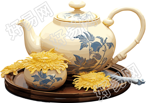 画满花卉的茶壶插画元素