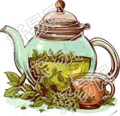 透明色茶壶与黄色花朵图案饰垫插画