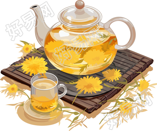 活力插画风格的带黄色花朵图案茶壶和垫子元素