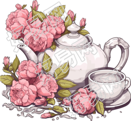 粉灰色风格的茶壶和几个杯子叶子和花朵插画