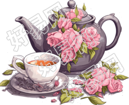 粉灰色茶具和花的插画设计