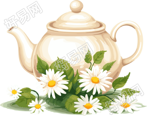 白色带雏菊花的茶壶插画元素