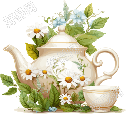 白色雏菊花茶壶自然与人造元素