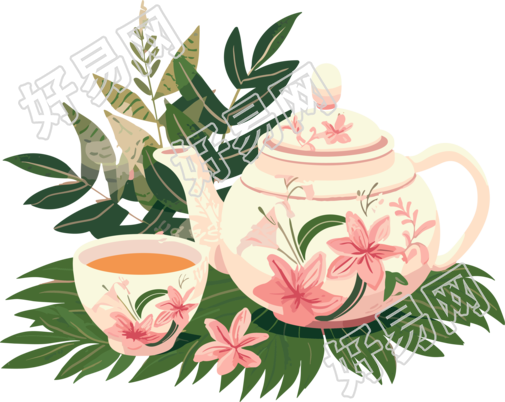 白色带雏菊花的茶壶插画
