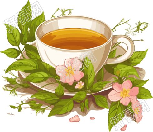 花叶纹理草本茶插画设计高清透明背景素材