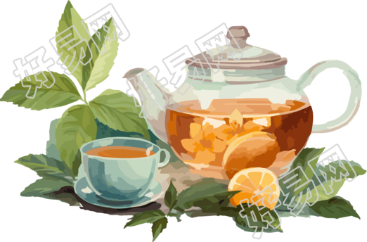 茶叶上的一壶茶和勺子动画插画