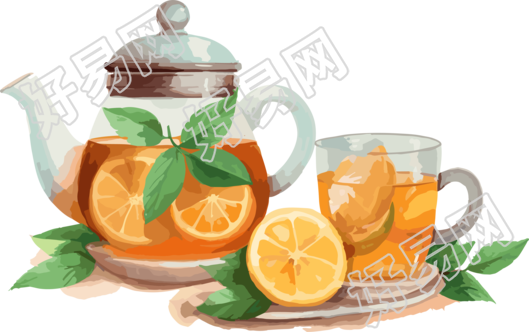 动态插画：清幽庭园景观中的茶叶和勺子素材