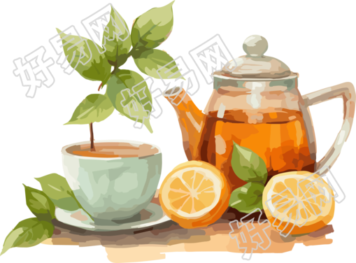 动态插画设计：茶叶上的茶壶与勺子素材