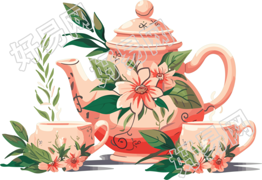 热带符号主义风格的花纹茶具和杯子PNG图形设计素材