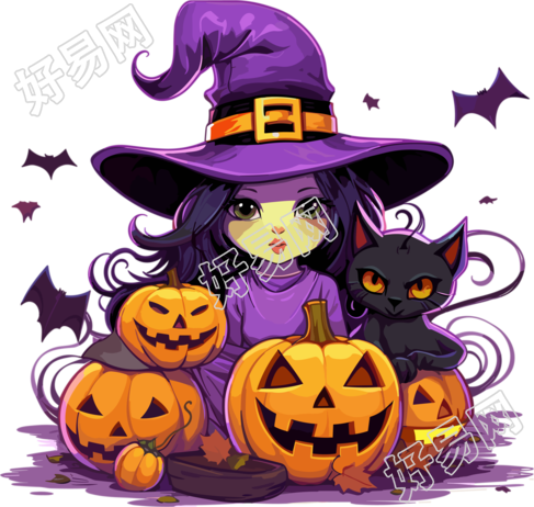 万圣节小巫婆和猫的紫色橙色动画GIF图形素材