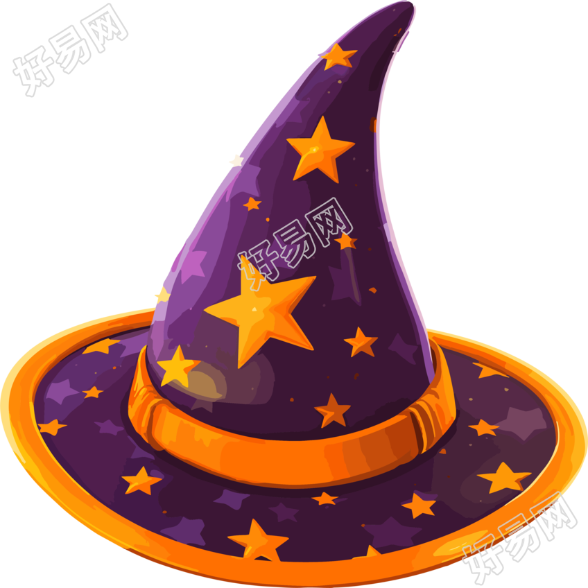 紫色巫师帽子动态GIF-在橙色背景上带星星，异性装扮符号风格素材