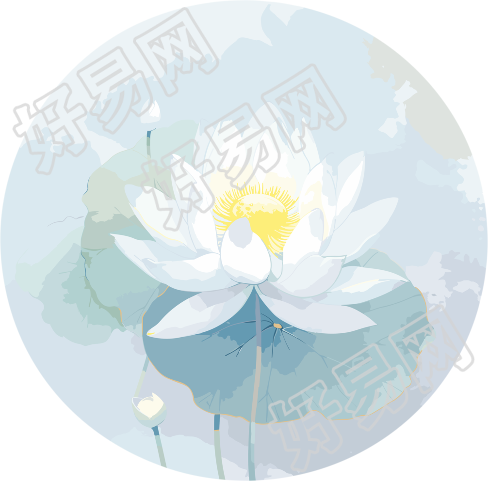 蓝色和柔和白色水彩荷花圆环素材