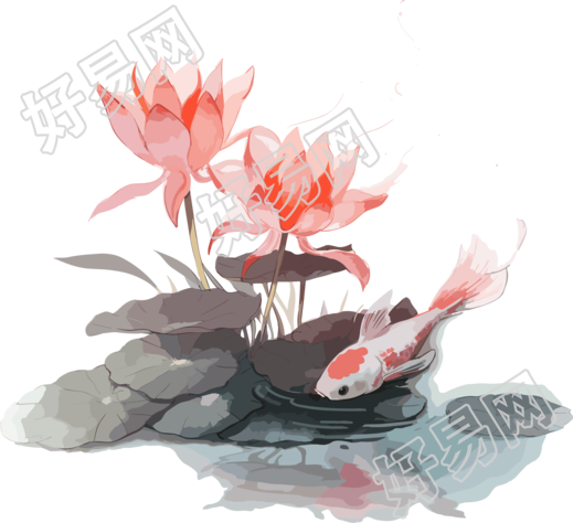 精美手绘莲花与叶子插画