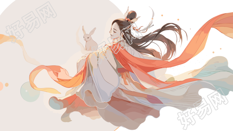 嫦娥仙子手持玉兔飞向月球插画