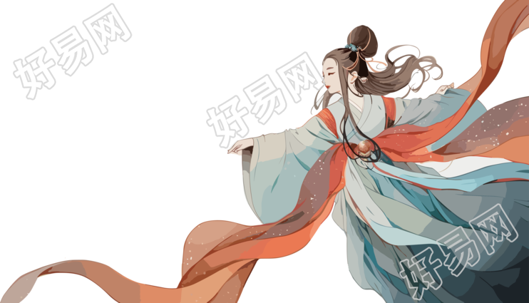 中式长腿仙女嫦娥手持玉兔飞向月球PNG素材