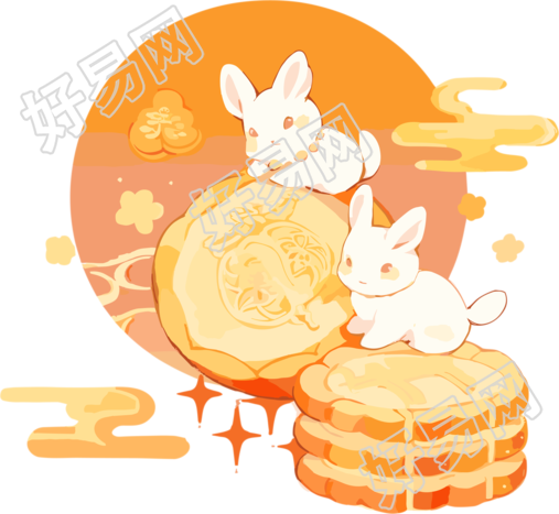 两只小白兔与两个月饼的PNG图形素材