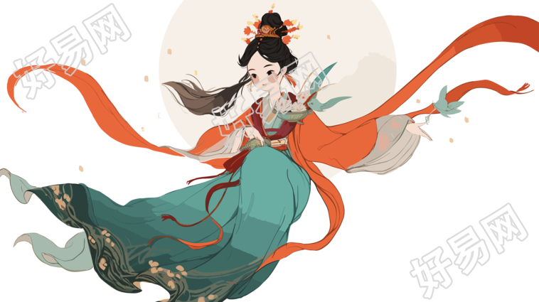 古风嫦娥仙子手持玉兔飞向明月
