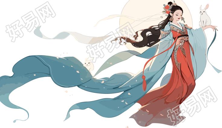 古风嫦娥仙子握玉兔飞向月球