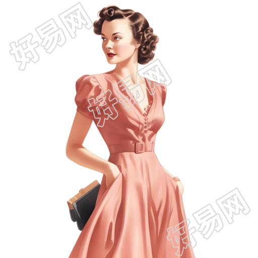 复古女士粉色连衣裙素材PNG