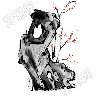 透明背景水墨奇石红色梅花商用插画