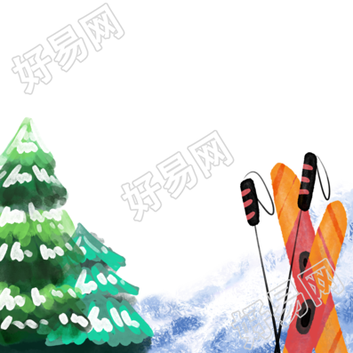 冬日滑雪落雪的松树和滑雪板插画