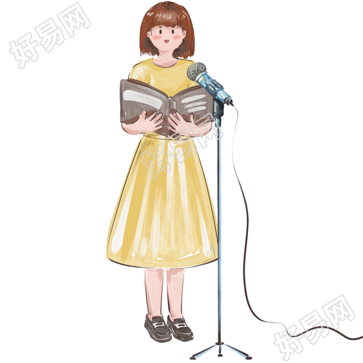 黄色连衣裙女孩参加朗诵比赛PNG素材