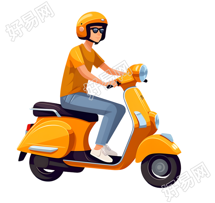 亚洲男子橙色电动车平面插画