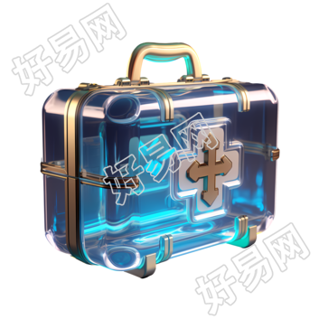透明玻璃纹理的蓝色金色急救包图标