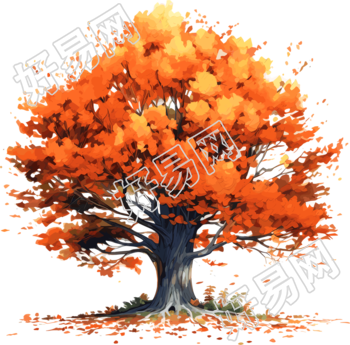 秋季白底橙色手绘大树图形png素材
