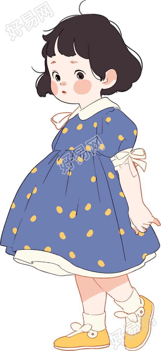 蓝色裙子的可爱小女孩插画PNG素材