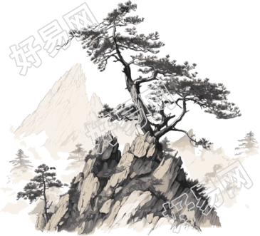 中国风长白松山山脉树枝和树叶水墨插画