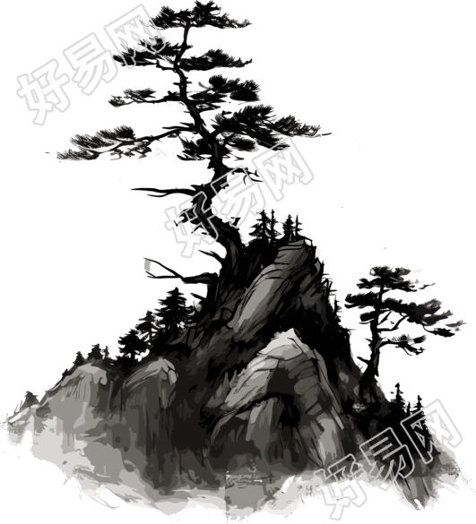 高山松树山脉枝叶中国风墨画白底插图
