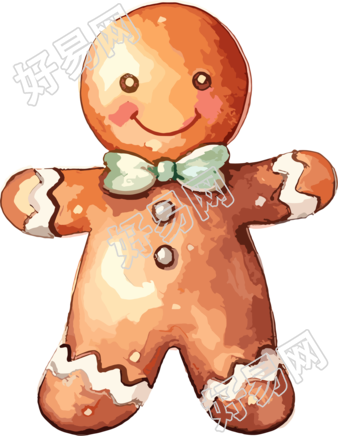 圣诞插画图片水彩风格的姜饼人与冬青