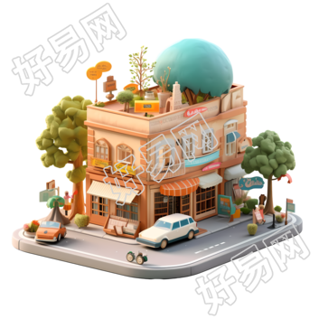 法式特色书店3D卡通模型