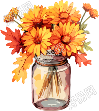 秋花玻璃瓶中的简易水彩插画