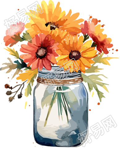 玻璃瓶水彩鲜花素材