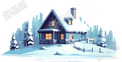 白色背景下的雪中小屋2D平面图商业插画