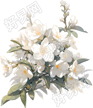 茉莉花与翡翠绿枝叶水彩画素材