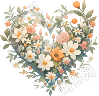 心形花朵水彩画素材