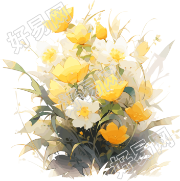 水彩画黄色花朵与翡翠绿枝叶